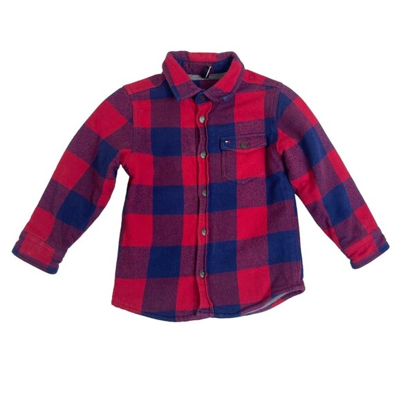 Tommy Hilfiger Kids Red & Navy Plaid Shirt Jacket With Snap Buttons Size 4 - Picture 1 of 6